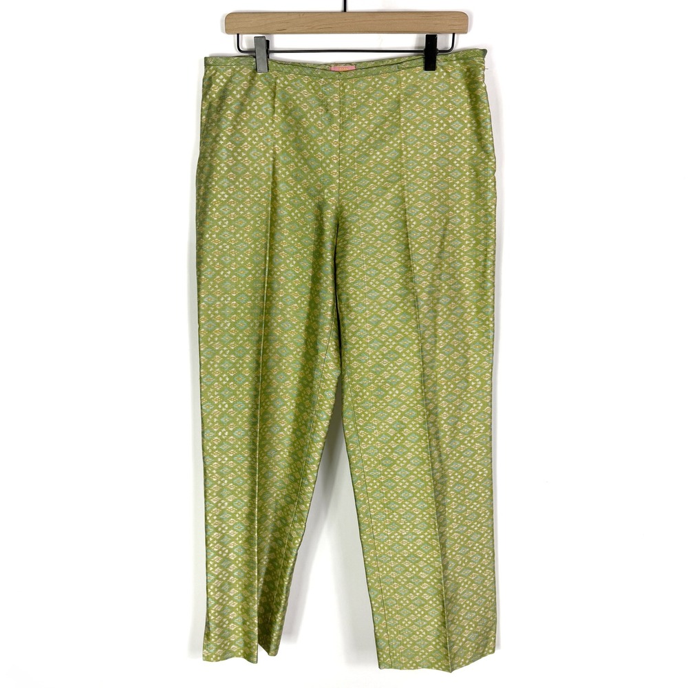Dosa Silk Pants Green Gold Geometric Ikat Ankle Trousers Sz 4